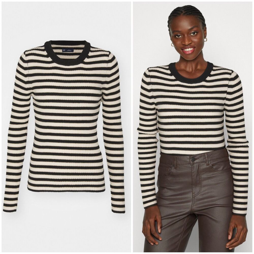 GAP Brooklyn Rib Knit Striped Crew Sweater - Black/Ivory/Gold
